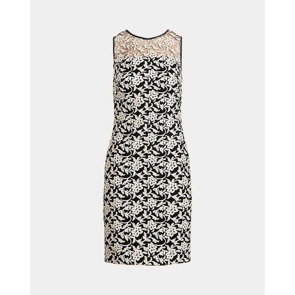 Lauren Ralph Lauren Gold Metallic Floral Embroidered Tulle Cocktail Dress Size 6